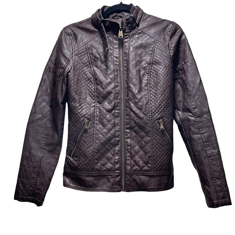 GUESS Los Angeles Faux Leather Dark Brown Geometric Design Jacket Size Small EUC